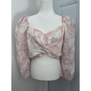 Something Navy Top Womens XXL Pink White Revolve Smocked Crop Puff Sleeve Floral